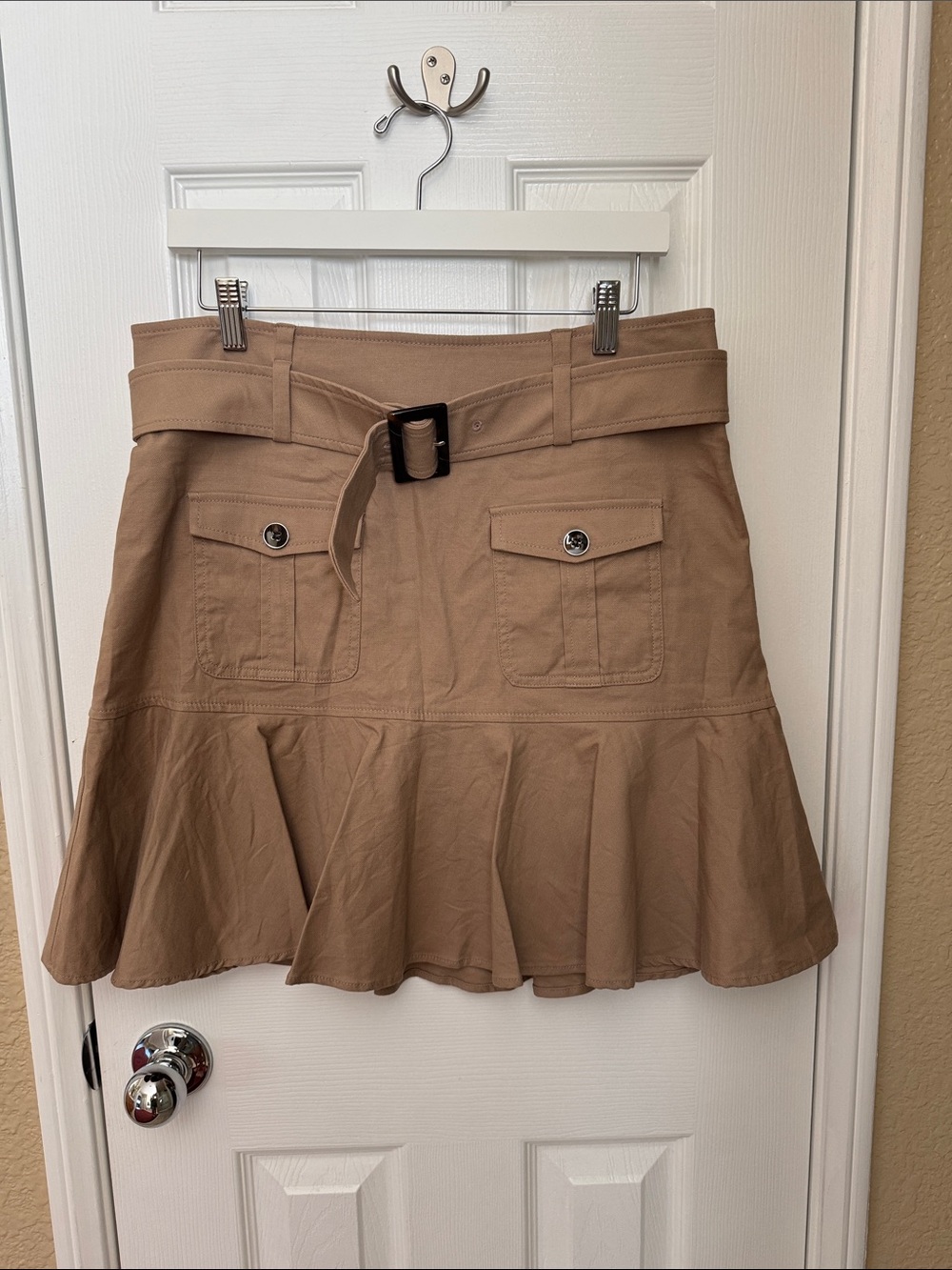 New York & Company Tan Belted Flounce Mini Skirt